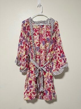 Anthropologie Floreat Floral Print Cotton Kimono Robe Cardigan - Pink & Purple